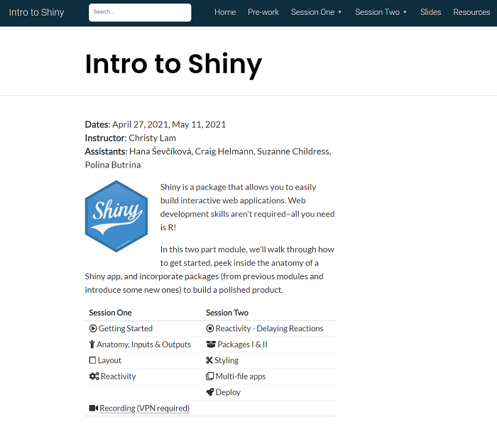 landing page of intro-shiny course site